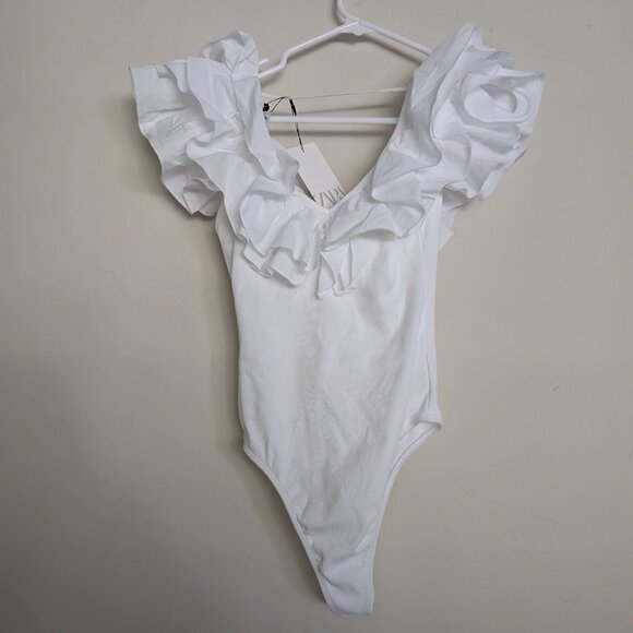 Zara Women White Ruffled Bodysuit M NWT - Picture 5 of 5